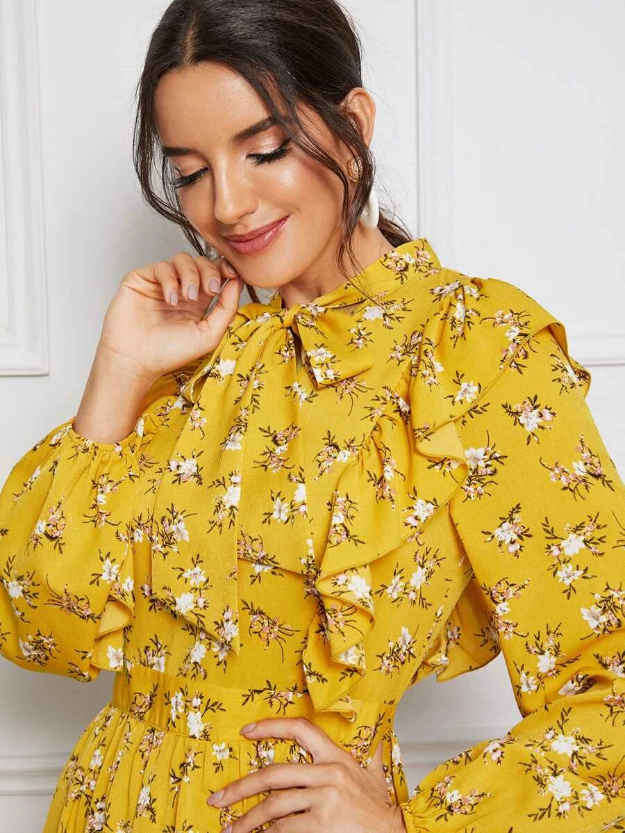 Ditsy Floral Print Tie Neck Ruffle Trim Maxi One Piece Dress Periwinkley Shop