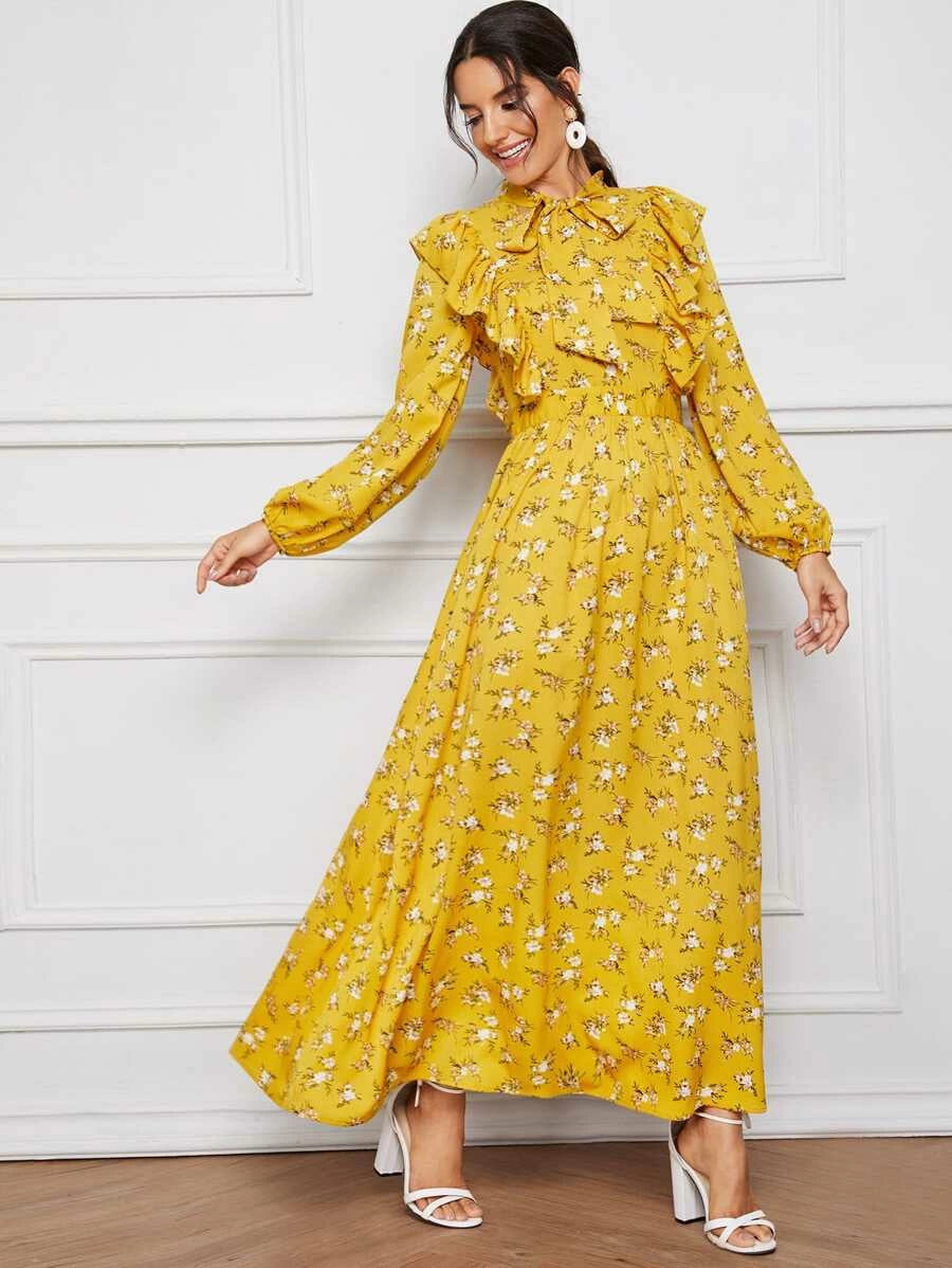 Ditsy Floral Print Tie Neck Ruffle Trim Maxi One Piece Dress Periwinkley Shop