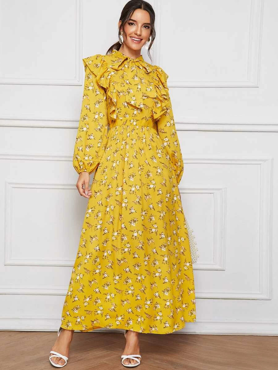 Ditsy Floral Print Tie Neck Ruffle Trim Maxi One Piece Dress Periwinkley Shop