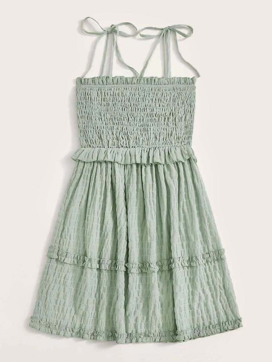 Solid Frilled Trim Shirred Slip Dress Periwinkley Shop
