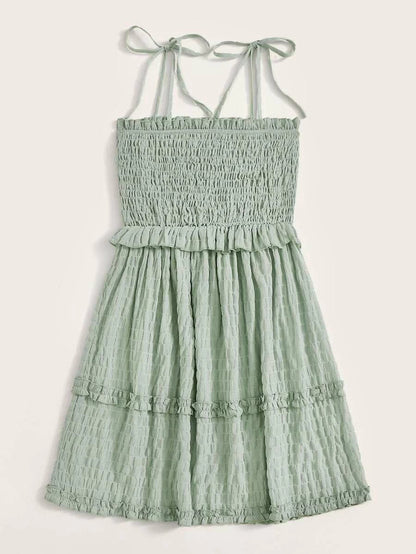 Solid Frilled Trim Shirred Slip Dress Periwinkley Shop
