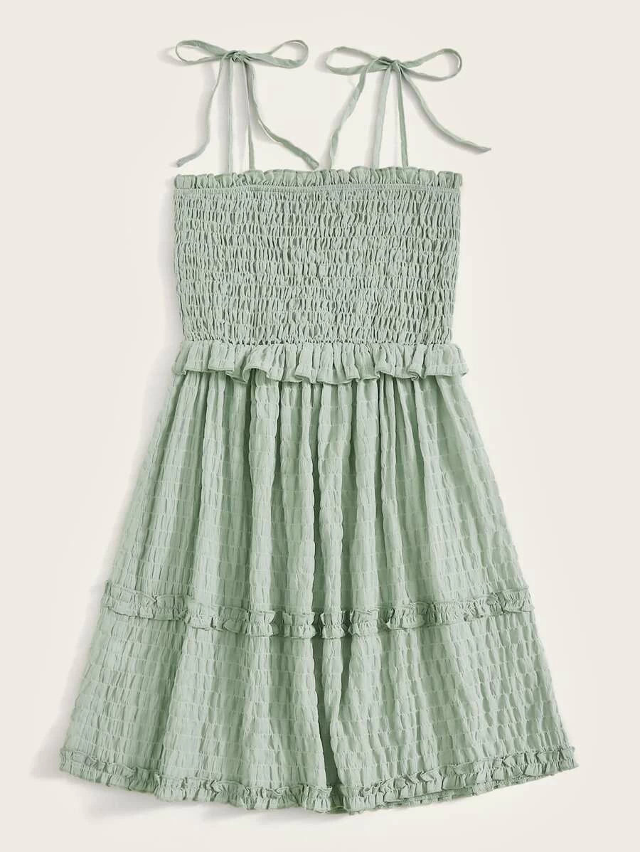 Solid Frilled Trim Shirred Slip Dress Periwinkley Shop