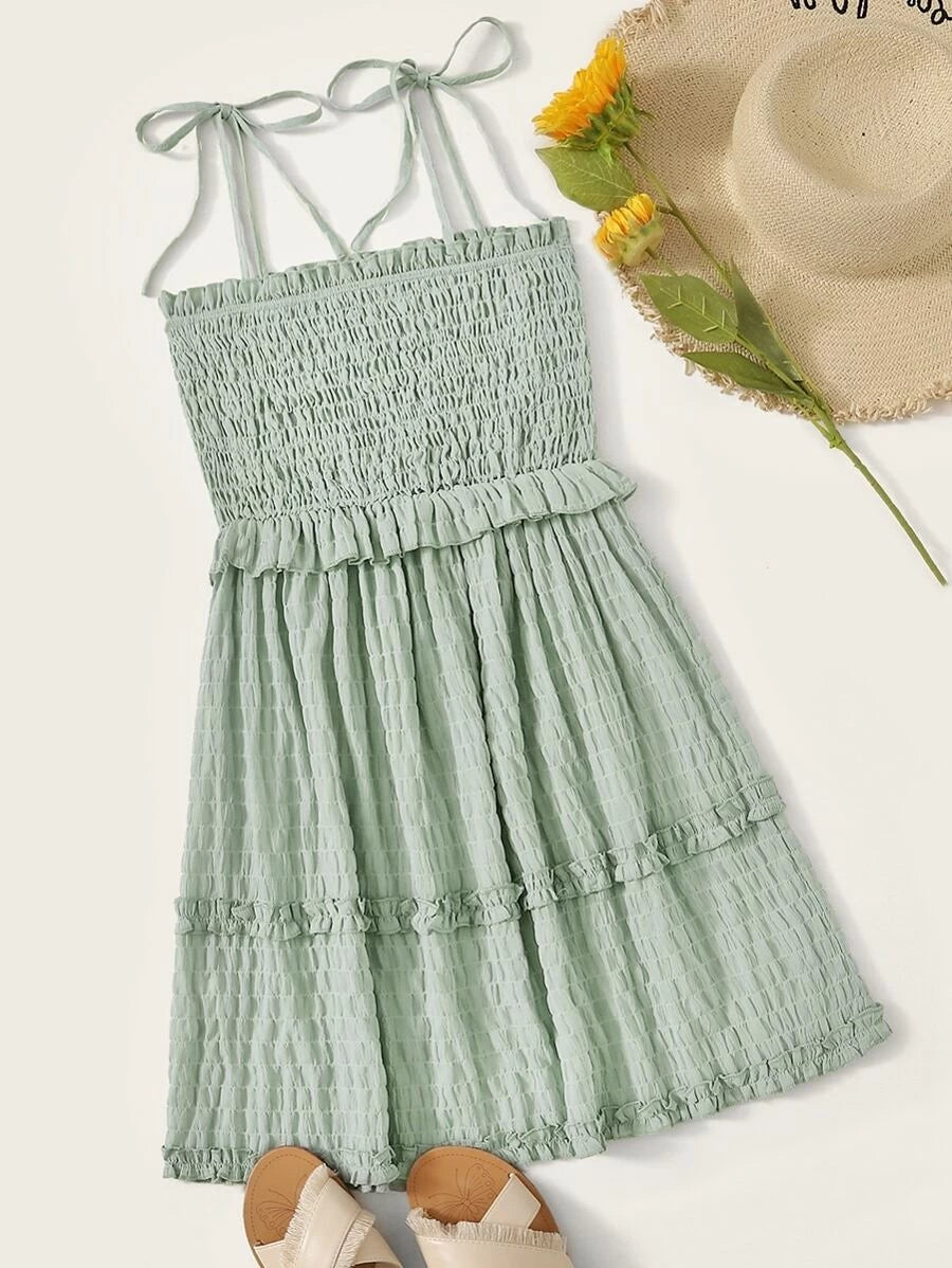 Solid Frilled Trim Shirred Slip Dress Periwinkley Shop