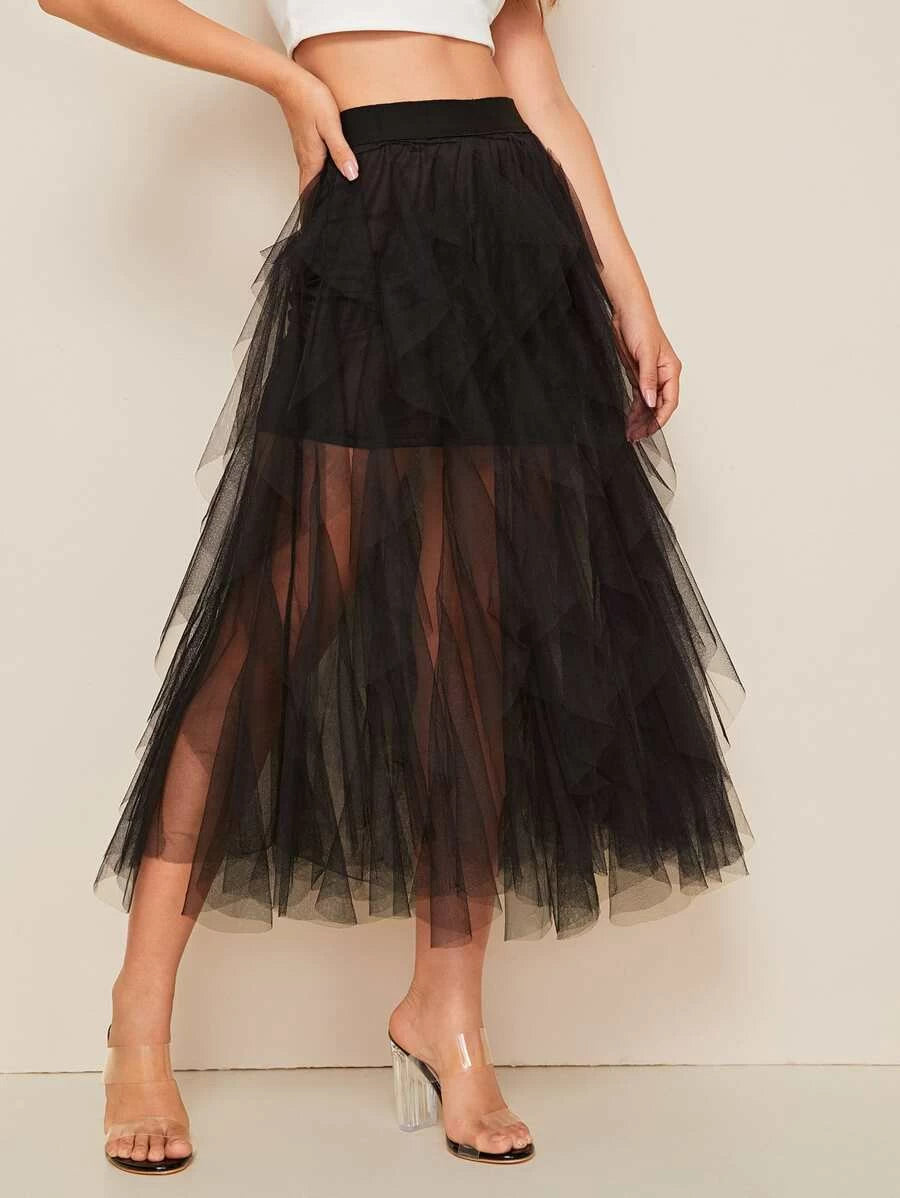 Mesh Overlay Slit Hem Skirt Periwinkley Shop