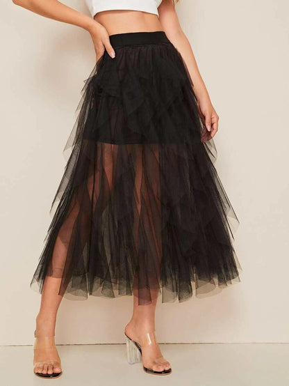 Mesh Overlay Slit Hem Skirt Periwinkley Shop