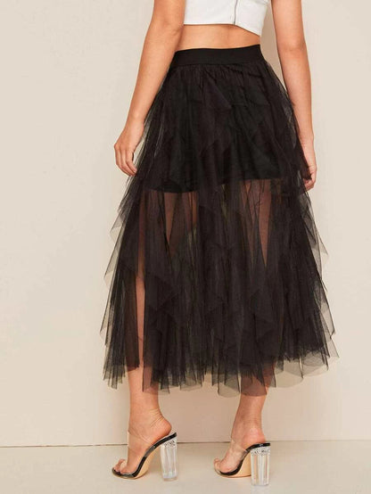 Mesh Overlay Slit Hem Skirt Periwinkley Shop