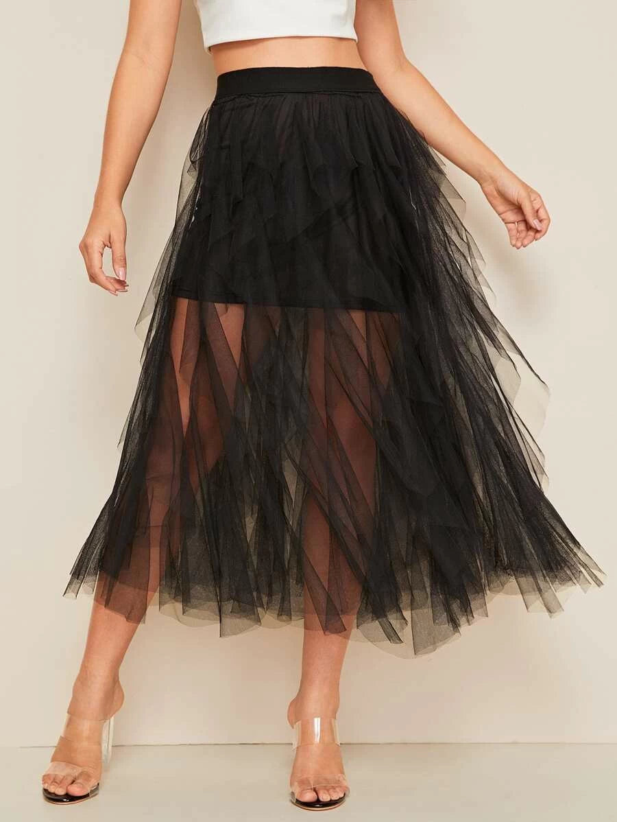 Mesh Overlay Slit Hem Skirt Periwinkley Shop