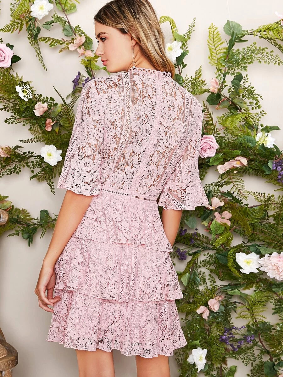 Mock Neck Bell Sleeve Layered Ruffle Trim Lace Dress Periwinkley Shop