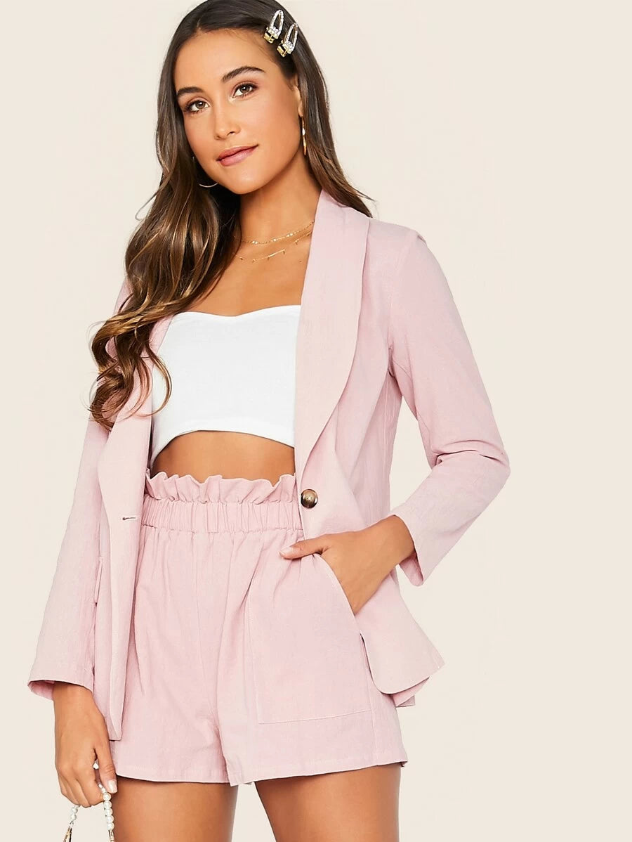 Shawl Collar Button Fly Blazer & Paperbag Waist Shorts Set Periwinkley Shop