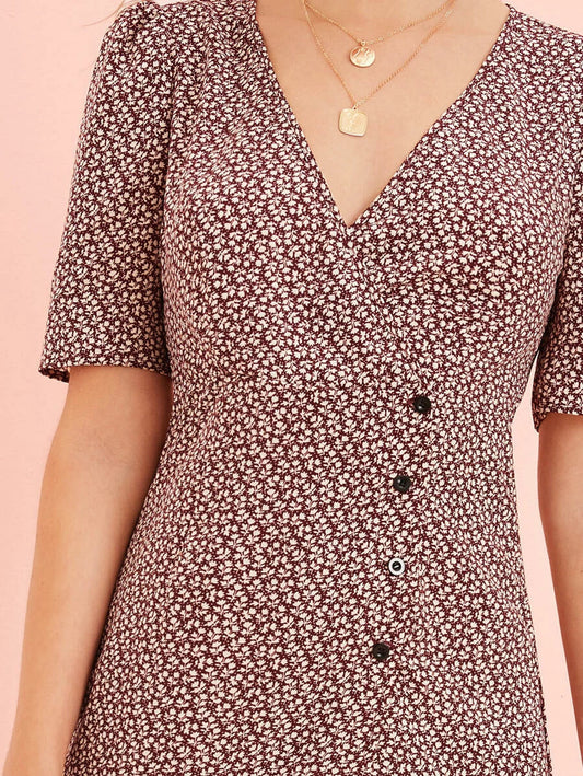 Ditsy Floral Button Front Surplice Neck Dress Periwinkley Shop