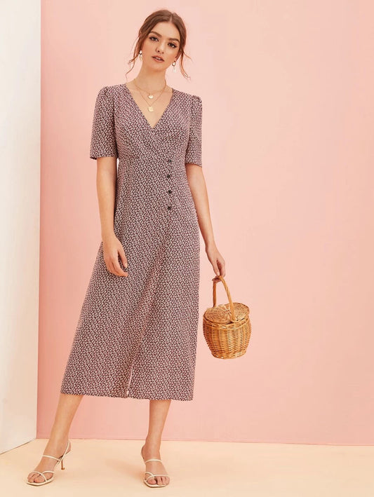 Ditsy Floral Button Front Surplice Neck Dress Periwinkley Shop