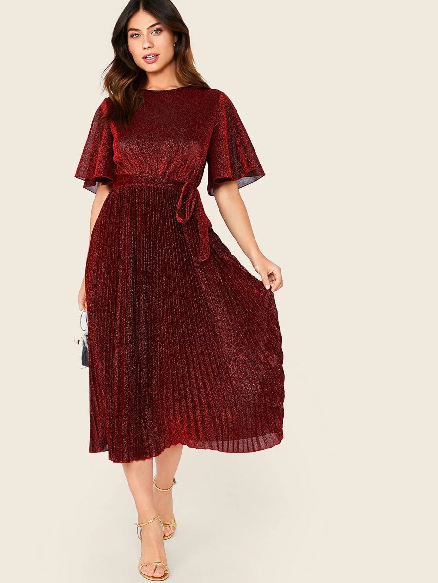 Flutter Sleeve Self Belted Pleated Glitter Dress Periwinkley Shop