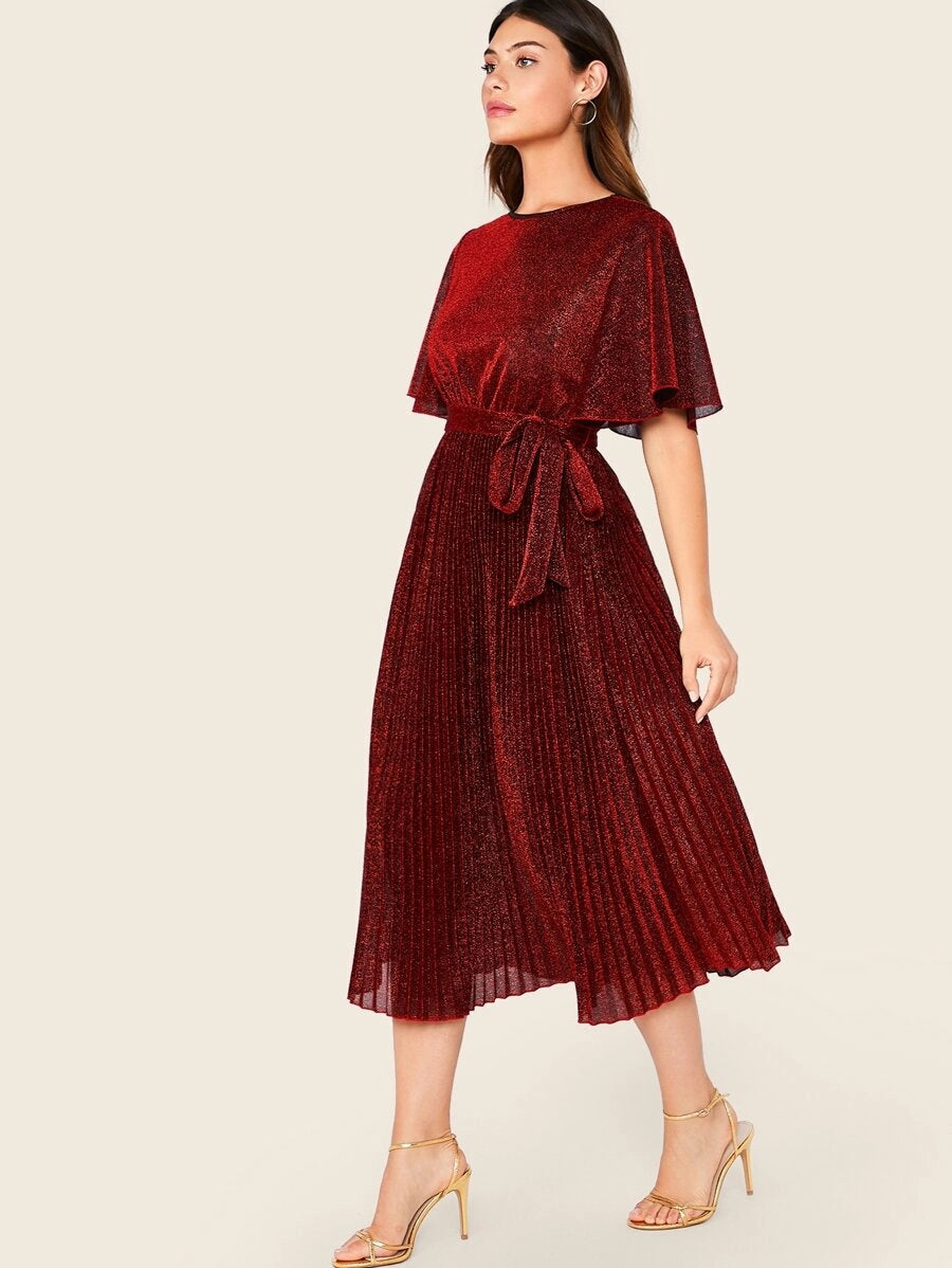 Flutter Sleeve Self Belted Pleated Glitter Dress Periwinkley Shop