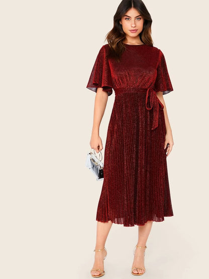 Flutter Sleeve Self Belted Pleated Glitter Dress Periwinkley Shop