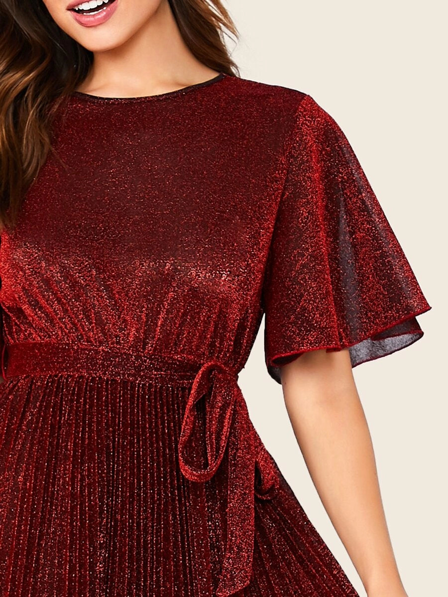 Flutter Sleeve Self Belted Pleated Glitter Dress Periwinkley Shop
