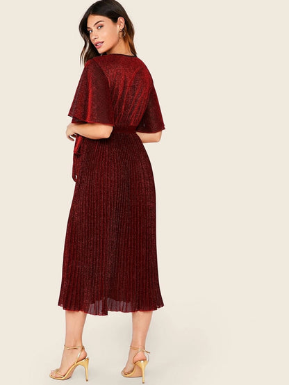 Flutter Sleeve Self Belted Pleated Glitter Dress Periwinkley Shop
