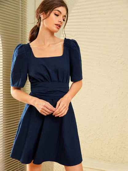 Plunge Back Shirred Shoulder Belted Flare Dress Periwinkley Shop