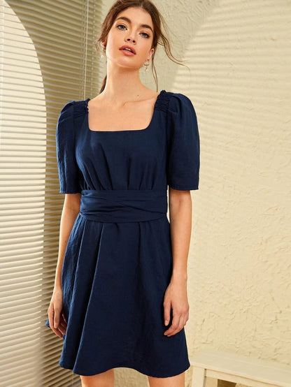 Plunge Back Shirred Shoulder Belted Flare Dress Periwinkley Shop