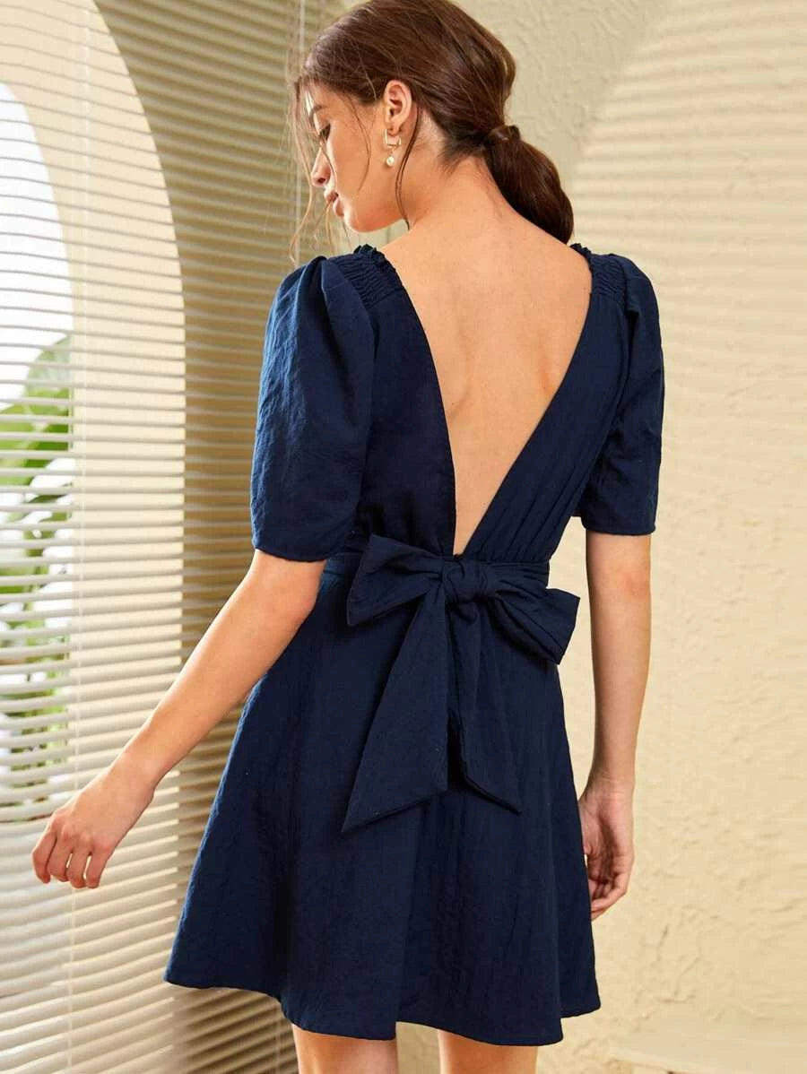 Plunge Back Shirred Shoulder Belted Flare Dress Periwinkley Shop