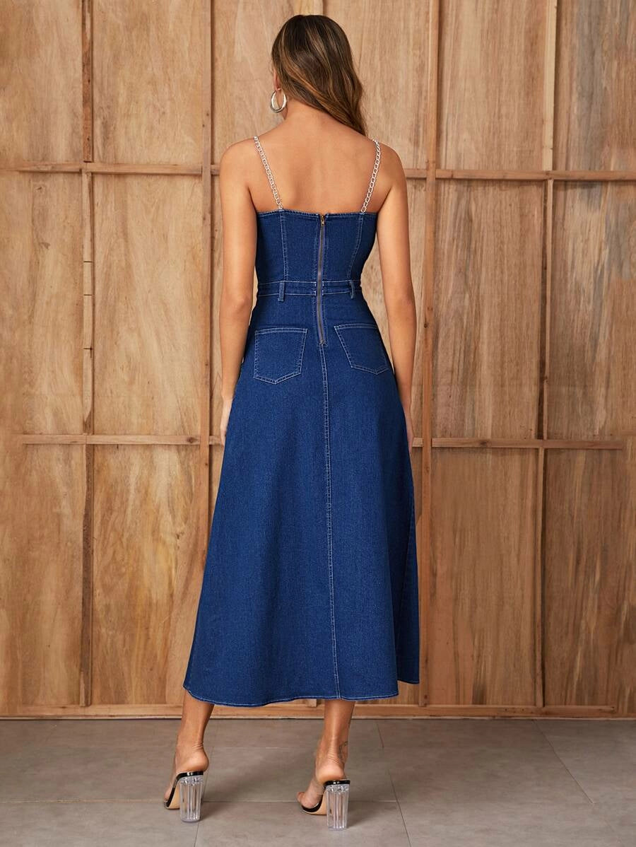 Zip Back Fit & Flare Chain Strap Denim Dress Periwinkley Shop