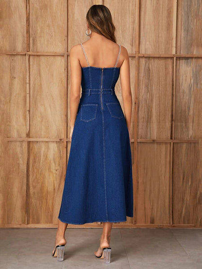 Zip Back Fit & Flare Chain Strap Denim Dress Periwinkley Shop