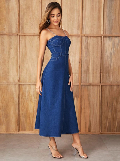 Zip Back Fit & Flare Chain Strap Denim Dress Periwinkley Shop