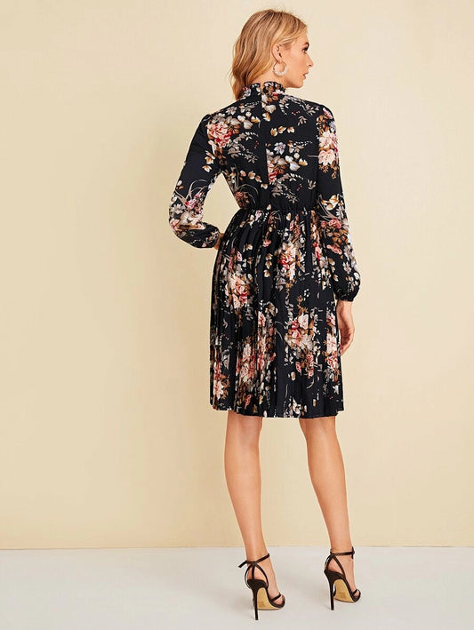 Mock Neck Botanical Print Pleated Dress Periwinkley Shop