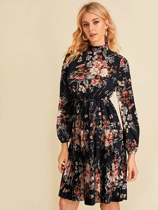 Mock Neck Botanical Print Pleated Dress Periwinkley Shop