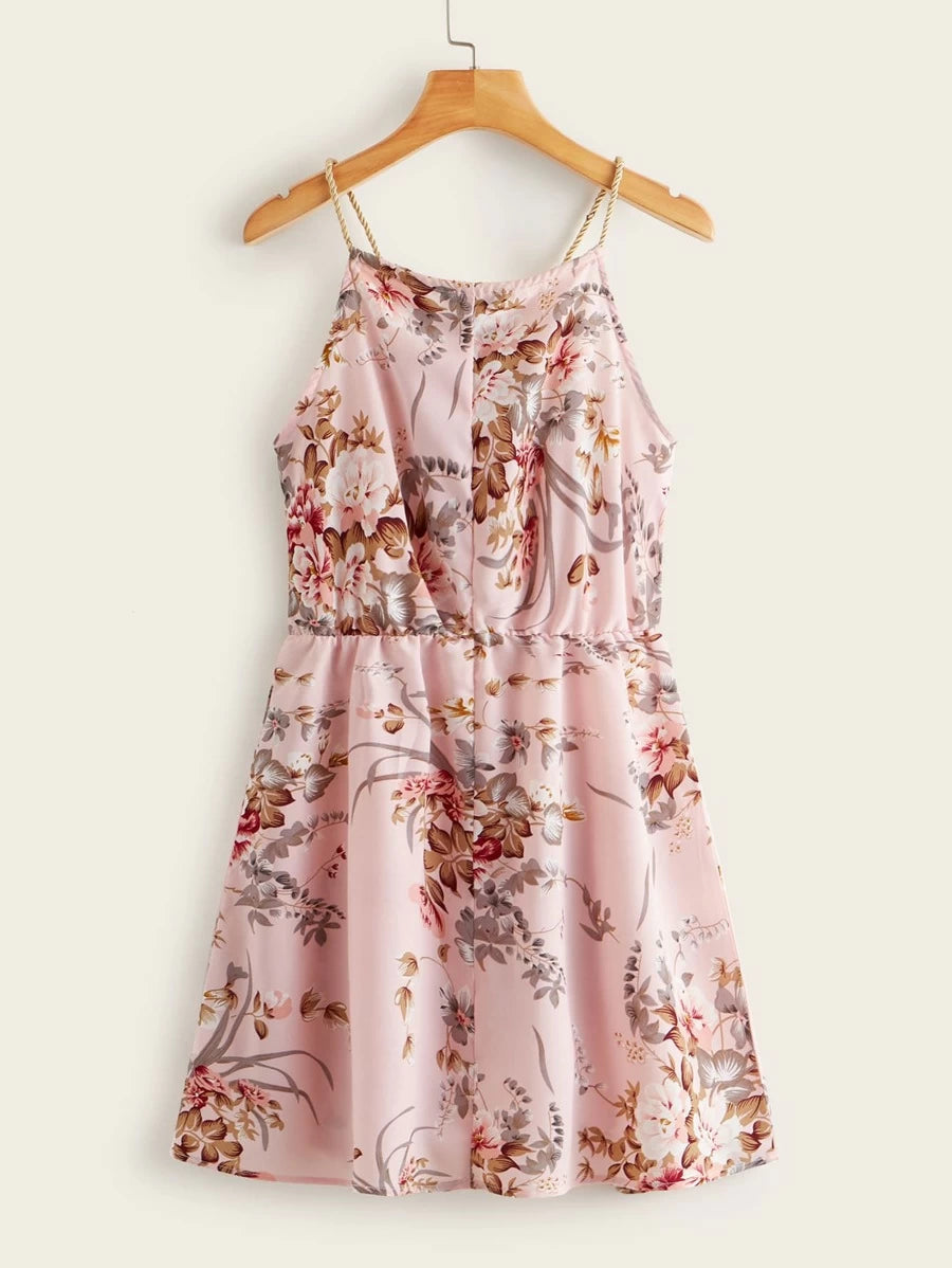 Pearls Detail Tie Neck Botanical Print Cami Dress Periwinkley Shop