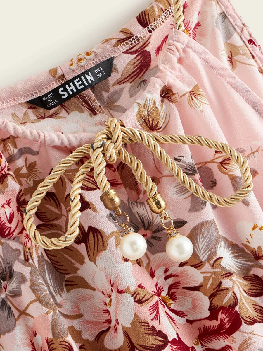 Pearls Detail Tie Neck Botanical Print Cami Dress Periwinkley Shop