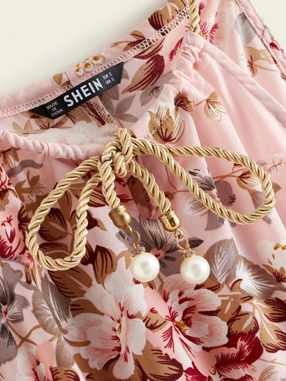 Pearls Detail Tie Neck Botanical Print Cami Dress Periwinkley Shop