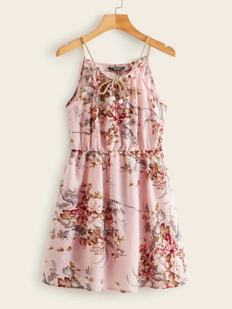 Pearls Detail Tie Neck Botanical Print Cami Dress Periwinkley Shop