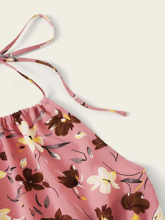 Blouson Waist Floral Print Knot Halter Romper Periwinkley Shop