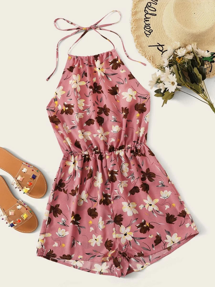 Blouson Waist Floral Print Knot Halter Romper Periwinkley Shop