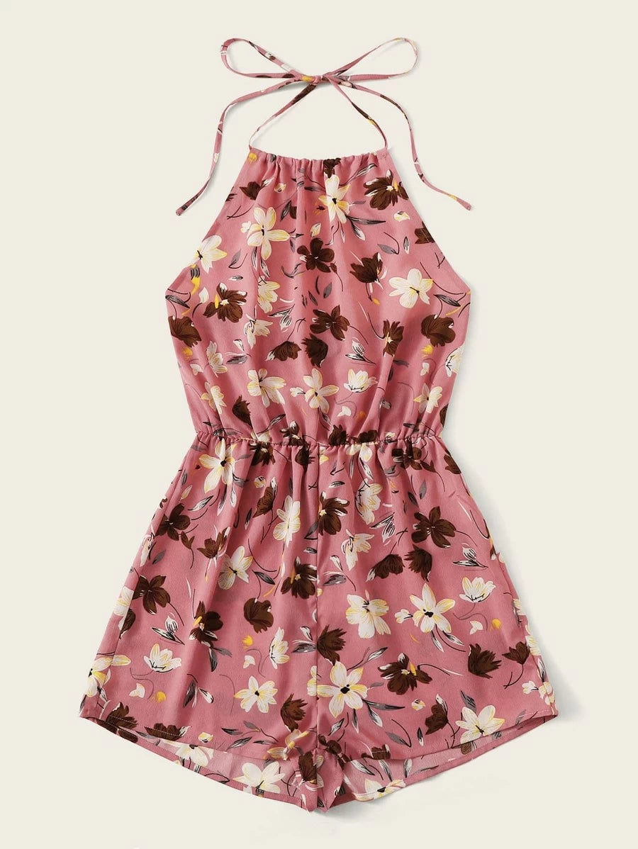 Blouson Waist Floral Print Knot Halter Romper Periwinkley Shop