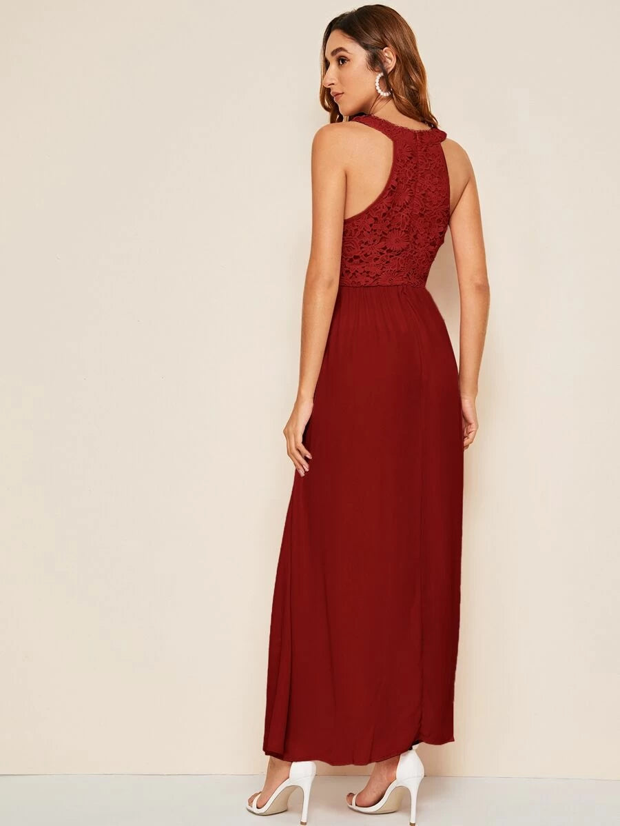 Guipure Lace Bodice Split Thigh Halter Dress Periwinkley Shop