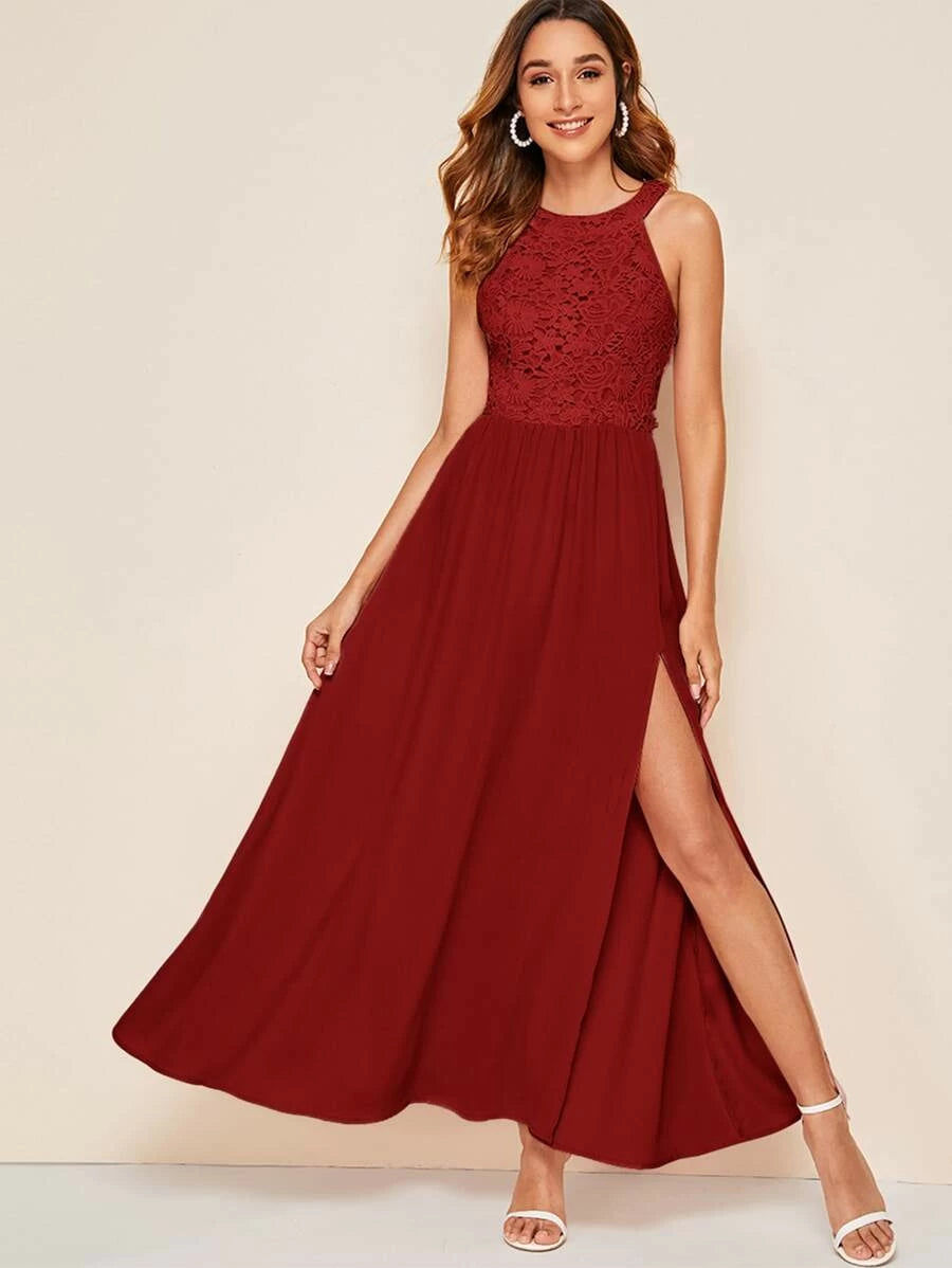 Guipure Lace Bodice Split Thigh Halter Dress Periwinkley Shop