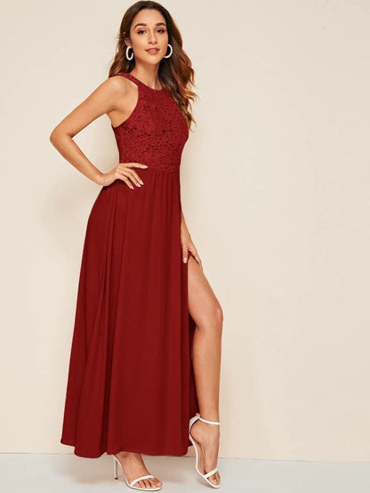 Guipure Lace Bodice Split Thigh Halter Dress Periwinkley Shop