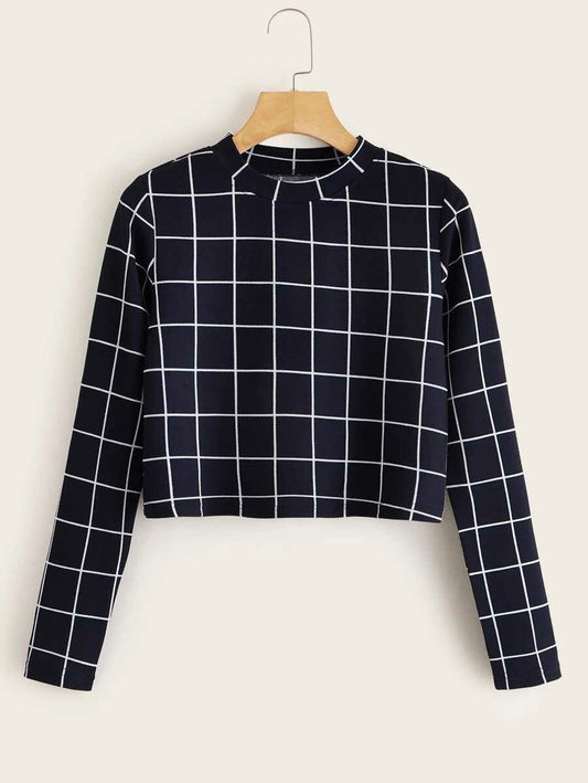 Grid Print Round Neck Crop Tee Periwinkley Shop