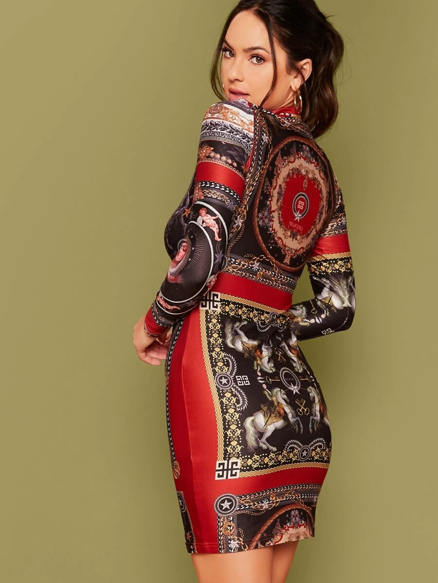 Mock Neck Mixed Print Bodycon Dress Periwinkley Shop