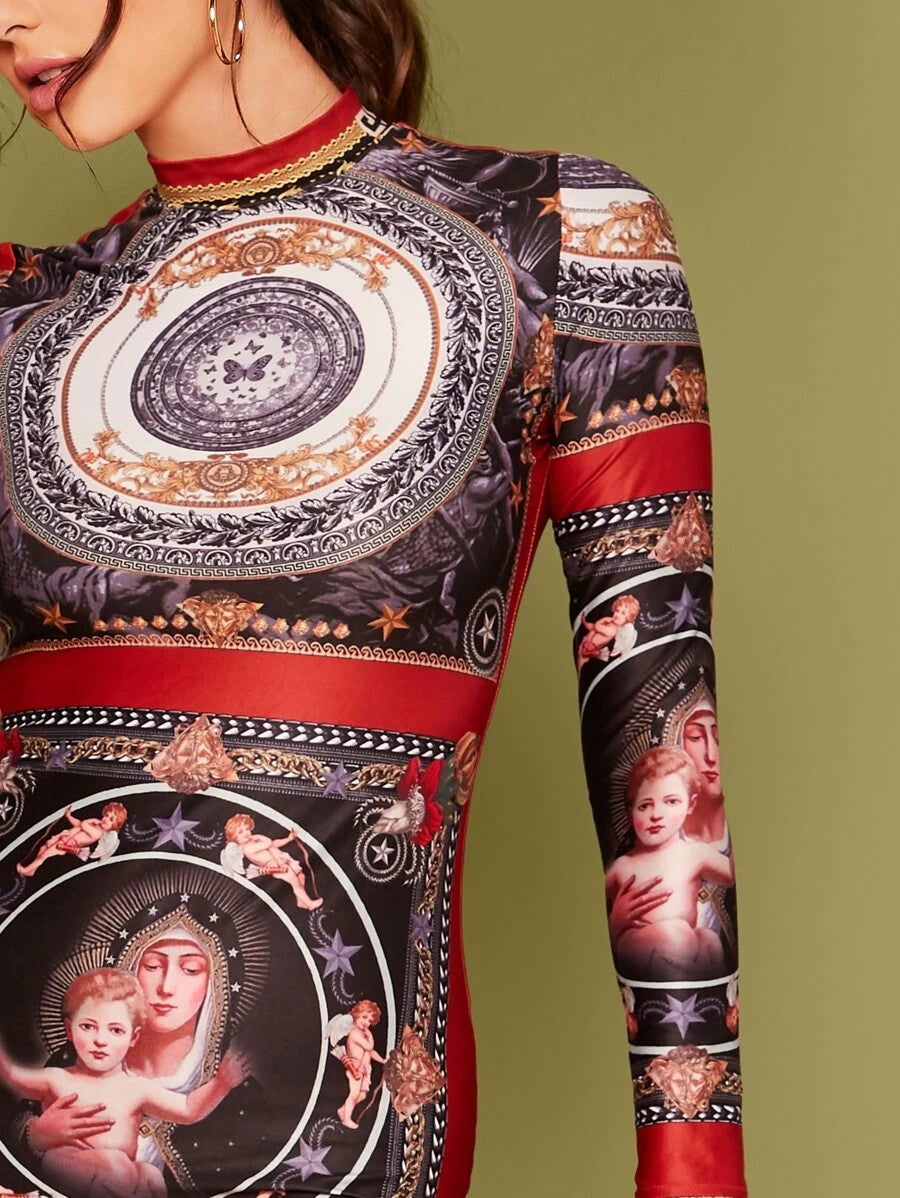 Mock Neck Mixed Print Bodycon Dress Periwinkley Shop