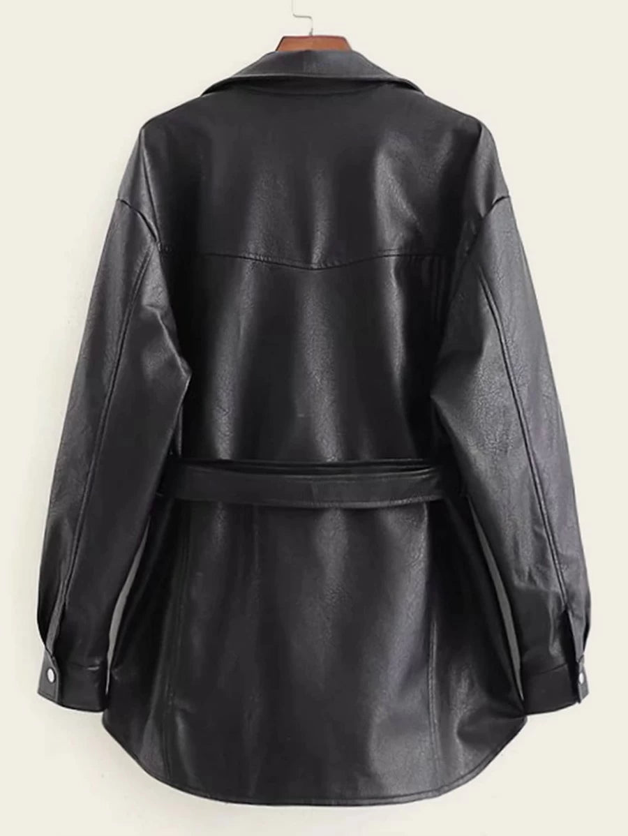 Button Front Flap Pocket Belted PU Coat Periwinkley Shop