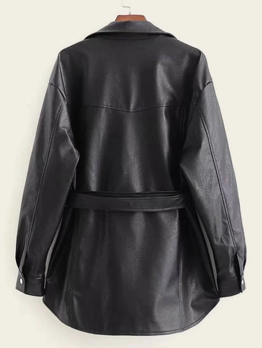 Button Front Flap Pocket Belted PU Coat Periwinkley Shop