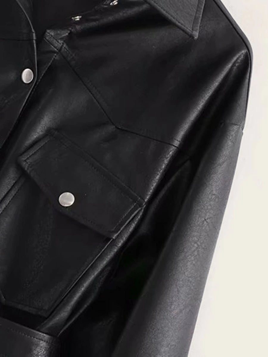 Button Front Flap Pocket Belted PU Coat Periwinkley Shop