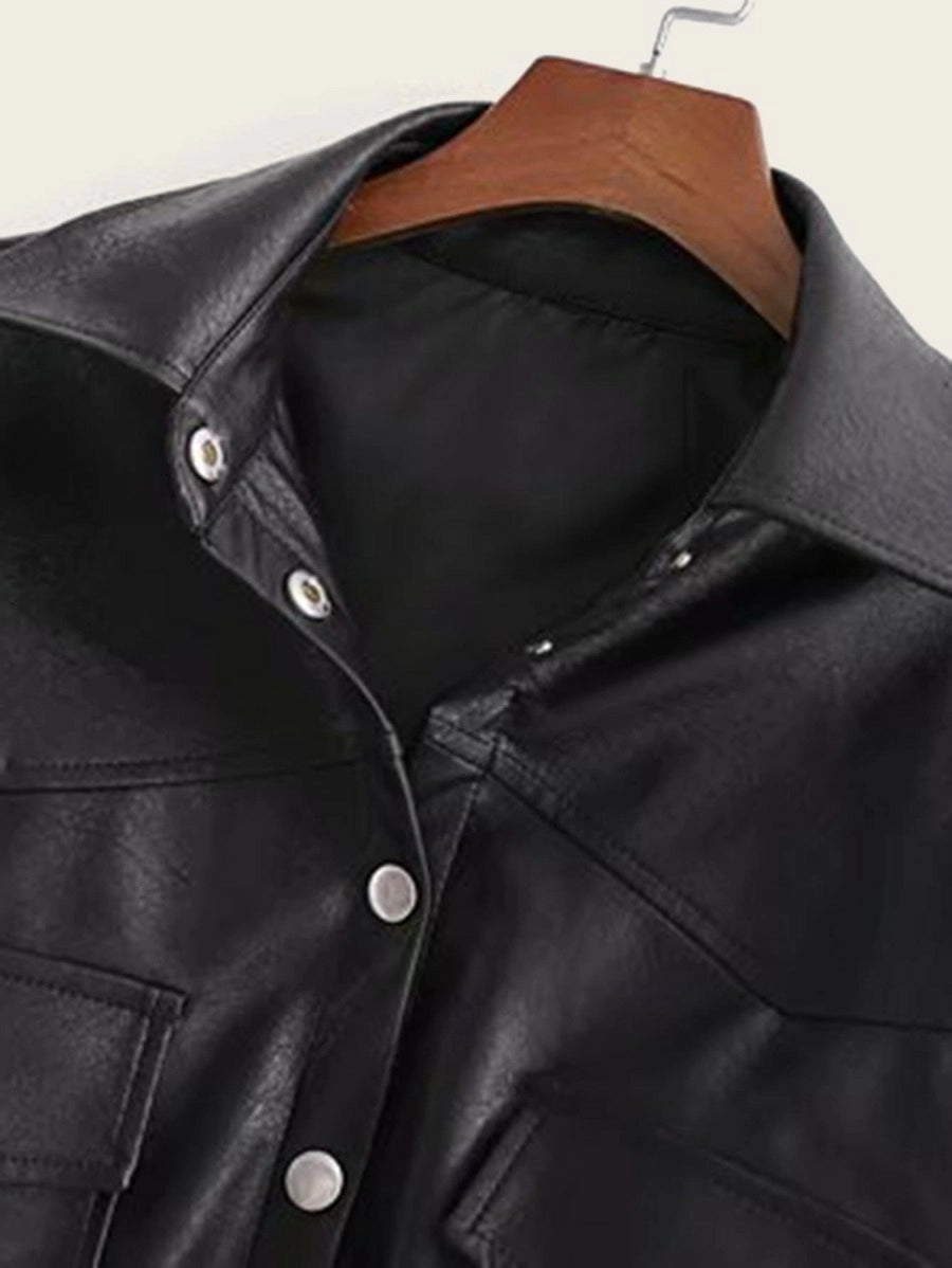 Button Front Flap Pocket Belted PU Coat Periwinkley Shop