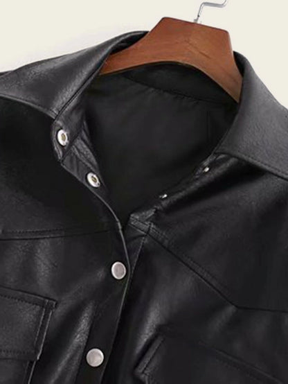 Button Front Flap Pocket Belted PU Coat Periwinkley Shop