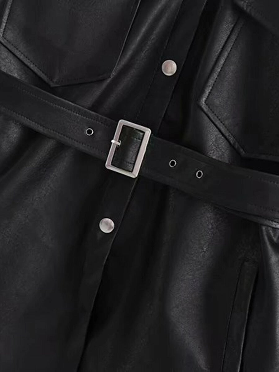 Button Front Flap Pocket Belted PU Coat Periwinkley Shop