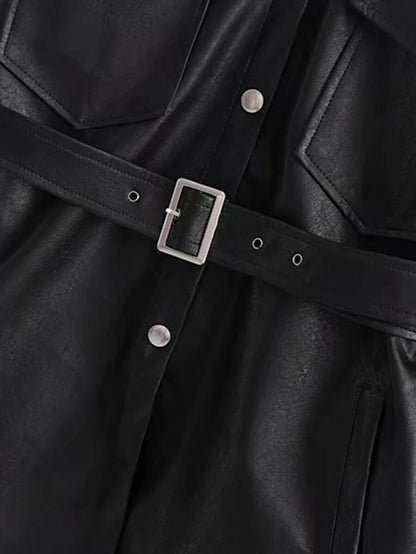 Button Front Flap Pocket Belted PU Coat Periwinkley Shop