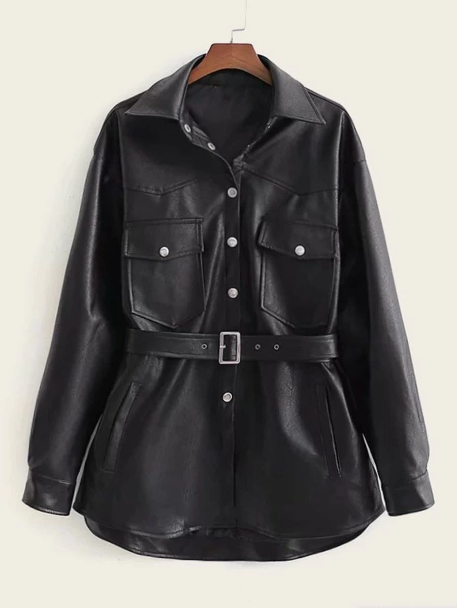 Button Front Flap Pocket Belted PU Coat Periwinkley Shop