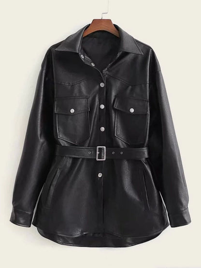 Button Front Flap Pocket Belted PU Coat Periwinkley Shop